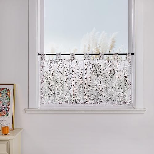 Yujiao Mao Scheibengardine mit Schlaufen Zweigen Muster Goldfoliendruck Naturstil Bistrogardine für kleine Fenster 1 Stück,Braun HxB 30x120cm von Yujiao Mao