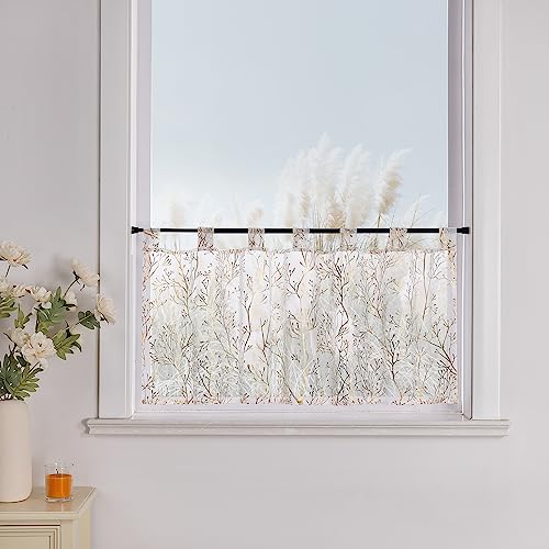 Yujiao Mao Scheibengardine mit Schlaufen Zweigen Muster Goldfoliendruck Naturstil Bistrogardine für kleine Fenster 1 Stück,Gold HxB 60x120cm von Yujiao Mao