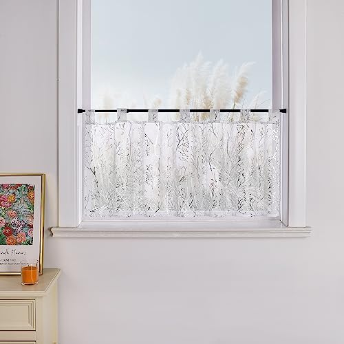 Yujiao Mao Scheibengardine mit Schlaufen Zweigen Muster Goldfoliendruck Naturstil Bistrogardine für kleine Fenster 1 Stück,Silber HxB 30x90cm von Yujiao Mao