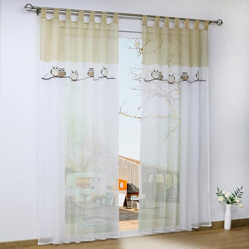 Yujiao Mao Stickerei Eule Druck Voile Vorhange Kinderzimmer Gardine Schal mit Schlaufen 1 Stück BxH 140x225cm Sand von Yujiao Mao