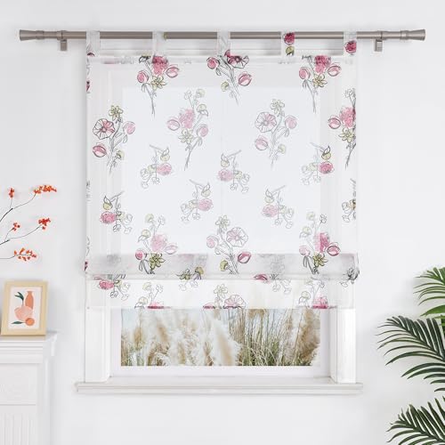 Yujiao Mao Transparenter Raffrollo mit Modernem rosa Morning Glories Muster landhausstil Schlaufengardine 1 Stück,BxH 100x140cm von Yujiao Mao