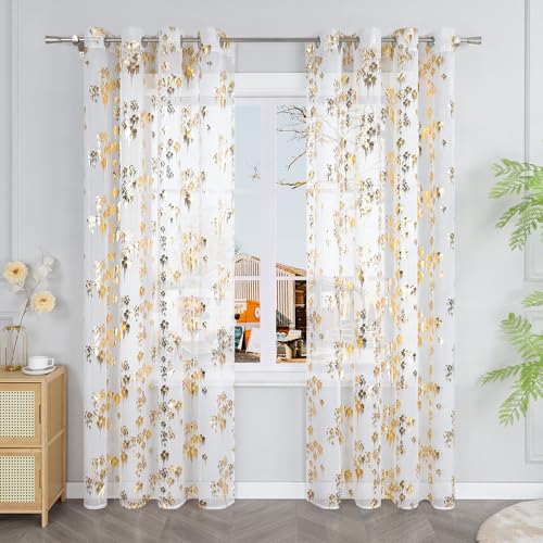 Yujiao Mao Voile Gardine Modern Gardineschal mit Ösen Transparent Vorhänge mit glänzendem Blumenmuster für Wohnzimmer Schlafzimmer Gold BxH 140x145cm, 1 Stück von Yujiao Mao