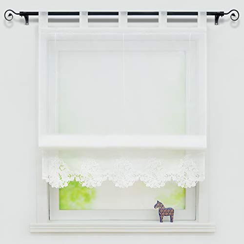 Yujiao Mao Voile Raffrollo mit besticktem Abschluß Voile Raffrollos mit Schlaufen Transparent Vorhang Weiß BxH 120x155cm von Yujiao Mao