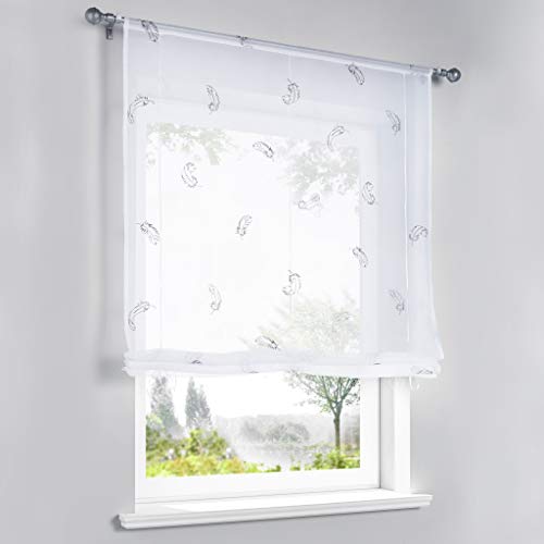 Yujiao Mao Voile Raffrollo mit gestickte Federmotiv Bändchenrollo mit Tunnelzug transparente Gardine BxH 80x140cm Hellgrau 1er Pack von Yujiao Mao
