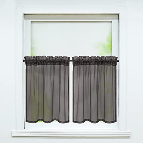 Yujiao Mao Voile Scheibengardine (2er Pack) transparente einfarbige Kurzgardine Stangendurchzug Bistrogardine mit Kräuselband Braun BxH 76x61cm von Yujiao Mao