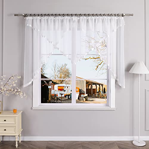 Yujiao Mao Voile Scheibengardine mit Satinband Mode kurz Gardine mit Kräuselband Transparent Weiß HxB 145x450cm von Yujiao Mao