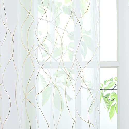 Yujiao Mao Voile Transparente Gardine mit Glanz Streifen Druck Morderne Wohnzimmer Gardinen, Gold mit Kräuselband, BxH 140x225cm, (1er Pack) von Yujiao Mao