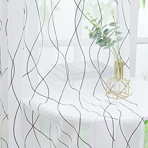 Yujiao Mao Voile Transparente Gardine mit Glanz Streifen Druck Morderne Wohnzimmer Gardinen, Schwarz mit Kräuselband, BxH 140x145cm, (1er Pack) von Yujiao Mao