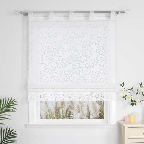 Yujiao Mao Voile halbtransparenter Ausbrenner Blumendruck Raffrollo Raffgardinen mit Schlaufen 1er-Pack, Weiß, BxH 120x140cm von Yujiao Mao