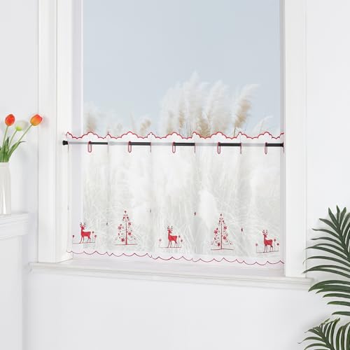 Yujiao Mao Weihnachtsgardine Scheibengardine mit Ösen mit festlichem Rentier- und Weihnachtsbaum-Motiv aus hochwertigem Polyester, ideal für Küche, Wohnzimmer und kleine Fensterk,rote HxB 60x120cm von Yujiao Mao