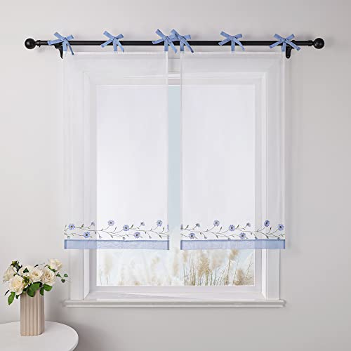 Yujiao Mao halbtransparente Kurzgardinen Voile mit Stickerei Kamille Muster mehr farbig Scheibengardinen mit Schleife Schlaufen 1er-Pack, blau HxB 90x60cm von Yujiao Mao