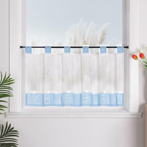 Yujiao Mao transparent Zweifarben-Verbindung Moderne landhausstil Kurzgardine mit Schlaufen für Kleinfenster & Badenzimmer 1 Stück,Hellblau HxB 90 * 110cm von Yujiao Mao