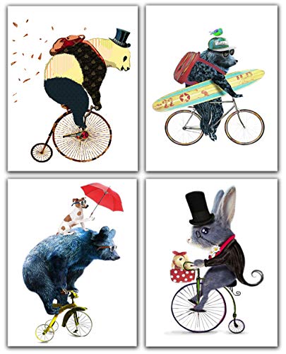 Bär Fahrradausflug mit Hund Maus Happy Travel Kinderzimmer Wandkunst Dekor Tier Bär Skateboard Kunstdruck Poster Kind Junge Badezimmer Dekor Schilder – 20 x 25 cm ungerahmt 4 Drucke von Yujohom