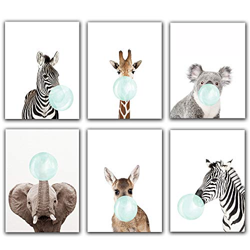 Safari Blue Bubblegum Baby Tier Zebra Giraffe Elefant Hirsch Koala Kinderzimmer Dekor Kunst – Set von 6 (ungerahmt) Wanddrucke 8 x 10 (blau) Kinder Jungen Zimmer Badezimmer Dekor von Yujohom