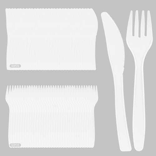 Plastikbesteck, 100 Stück Plastikbesteck Set, Wiederverwendbar Party Besteck Enthalten Plastikgabeln Plastik Messer Party Besteck Plastik für Partys Outdoor Abendessen (Weiß) von Yukaiwn