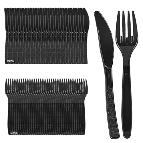 Plastikbesteck, 100 Stück Plastikbesteck Set, Wiederverwendbar Party Besteck Enthalten Plastikgabeln Plastik Messer Party Besteck Plastik für Partys Outdoor Abendessen (schwarz) von Yukaiwn