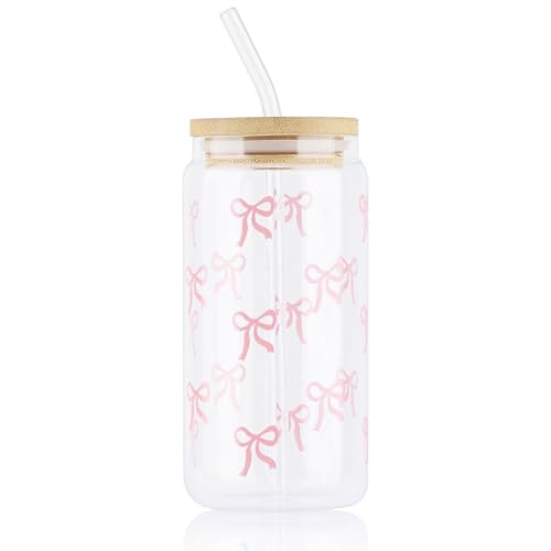 Yukaiwn Glasbecher-Set mit Schleife, 473 ml, niedlicher Becher mit Glasstrohhalm und Holzdeckel, elegant, transparent, niedliche Kaffeetassen, ästhetische Geschenke für Frauen, Mädchen, Freunde (rosa von Yukaiwn