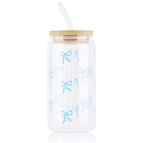 Yukaiwn Glasbecher-Set mit Schleife, 473 ml, niedlicher Becher mit Glasstrohhalm und Holzdeckel, elegant, transparent, niedliche Kaffeetassen, ästhetische Geschenke für Frauen, Mädchen, Freunde (blaue Yukaiwn Glasbecher-Set mit Schleife, 473 ml, niedlicher Becher mit Glasstrohhalm und Holzdeckel, elegant, transparent, niedliche Kaffeetassen, ästhetische Geschenke für Frauen, Mädchen, Freunde (blaue von Yukaiwn