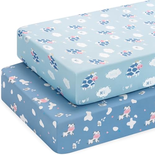 Yukkidds Baby Spannbettlaken Spannbetttücher 140x70 cm Elastizität Atmungsaktiv Mikrofaser Matratzenbezug Laken für Kinderbett Beistellbett Babybett 2er Pack,Blaue Kuh von Yukkidds