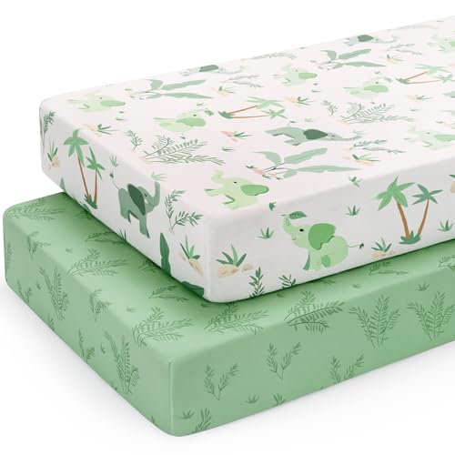 Yukkidds 2er Pack Baby Spannbettlaken Spannbetttücher 120 x 60 cm Elastizität Atmungsaktiv Mikrofaser Matratzenbezug Laken für Kinderbett Beistellbett Babybett, Elefantengrün von Yukkidds