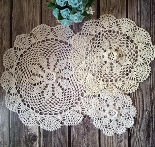 Yulakes 3 Stück Handgemachte Spitze häkeln Baumwolle Tischset,Tasse Untersetzer Spitzendeckchen Häkeldeckchen Tischdecke,Gehäkelte Teedeckchen Pfannenunterlage 14cm/25cm/35cm Beige von Yulakes