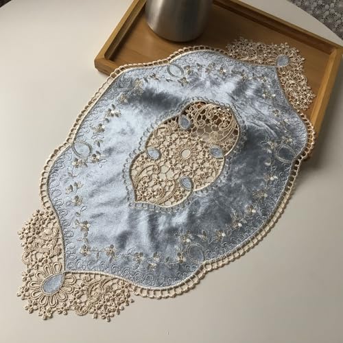 Yulakes Retro Französisch Ovale Deckchen Placemat, Elegante Samt Tischsets Vasenmatten Stickerei für den Heimgebrauch Küche und Esszimmer 51 x 29 cm (blau) von Yulakes