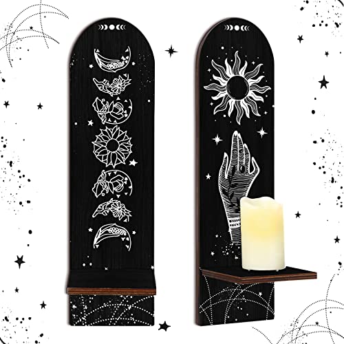 2 Stück Boho Kerzenhalter Ständer, Holz Wandleuchter Wanddekoration Magische Boho Hand Floral Mondphasen Zeichen Rustikaler Gruseliger Gothic Kerzenhalter für Zuhause von Yulejo