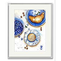 Cappuccino Mit Blaubeere Originalgemälde Wandkunst Croissant Und Kaffee Morgenkaffee Wohnkultur Kaffeebar Dekor Mann Gemälde von YuliiaMykhaliukArt