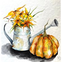 Herbst Kürbis Mit Blumen Original Gemälde Wandkunst von YuliiaMykhaliukArt