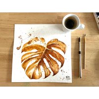 Kaffee Monstera Blatt Kunst, Einzigartige Kunst Gemalt Mit Echtem Kaffee, Sepia Malerei, Monstra Wandkunst von YuliiaMykhaliukArt