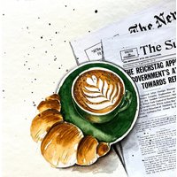 Kaffee Mit Croissant Original Aquarell Malerei Wand Kunst Wohnkultur Housewarming Geschenk Für Männer von YuliiaMykhaliukArt