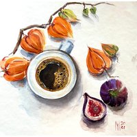 Kaffee Und Physalis Original Gemälde Wand Kunst Wohnkultur Housewarming Geschenk Muttertagsgeschenk von YuliiaMykhaliukArt