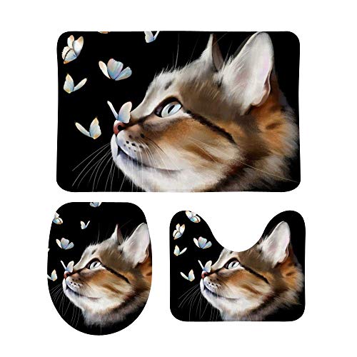 RedBeans Rutschfeste Badematte, 3-teiliges Flanell-Badezimmerteppich-Set, Motiv: Katze, Schmetterlinge, weich, WC-Vorleger von RedBeans