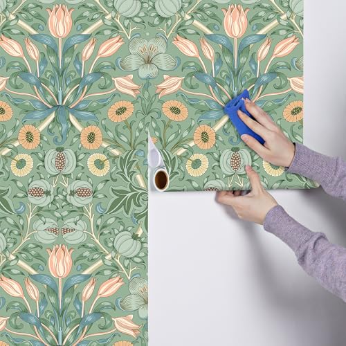 Yullpaper Blumentapete Vintage Selbstklebende Tapete Grün Klebefolie Möbel Abwaschbare Tapete Blumen Blätter Möbelfolie Grün Dekofolie Selbstklebend Mustertapete Folie für Tisch Schrank 44.5cm X 300cm von Yullpaper