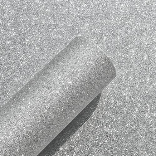 Yullpaper Glitzer Tapete Silbergrau Dekofolie Möbelfolie Selbstklebend Wand Tapeten Wohnzimmer Schlafzimmer Mädchen Glitzer Klebefolie Möbel Selbstklebende Folie für Frisiertisch Schrank 40cm X 300cm von Yullpaper