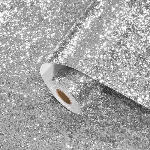 Yullpaper Glitzer Tapete für Schlafzimmer Möbelfolie Selbstklebend Wand Tapeten Silber Klebefolie Möbel Glitzer Dekofolie Schrank Folie Selbstklebend Silber Tapete Kinderzimmer 40cm X 800cm von Yullpaper