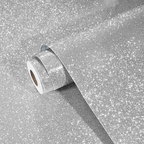 Yullpaper Silbergraue Glitzer Tapete Selbstklebend 40cm X 800cm Klebefolie Möbel Glitzer Wand Tapeten Wohnzimmer Dicke Dekofolie Möbelfolie Selbstklebend Tapete Silbergraue Folie für Schränke Tisch von Yullpaper