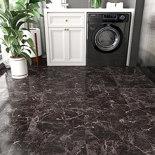 Yullpaper Vinylboden Selbstklebend Fliesenoptik Laminat PVC Bodenbelag Selbstklebende Fliesen Hellschwarz Marmor 24 Stück Bodenfliesen Aufkleber Wasserfest Schwarz Fliesenaufkleber für Bad Küche Boden von Yullpaper