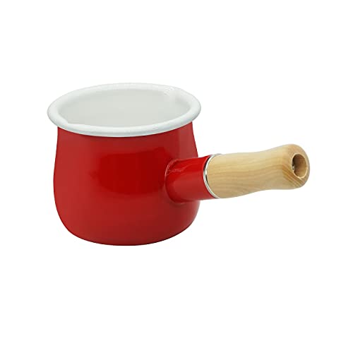 Emaillemilch Pfanne, Mini -Butter -Hitze 4 Zoll 17 Unzen Email Topf kleines Kochgeschirr mit Holzgriff, perfekte Größe, um kleinere flüssige Portionen zu erhitzen (rot) von YumCute Home