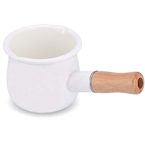Emaillemilch Pfanne, Mini -Butter -Hitze 4 Zoll 17 Unzen Email Topf kleines Kochgeschirr mit Holzgriff, perfekte Größe, um kleinere flüssige Portionen zu erhitzen (weiß) von YumCute Home