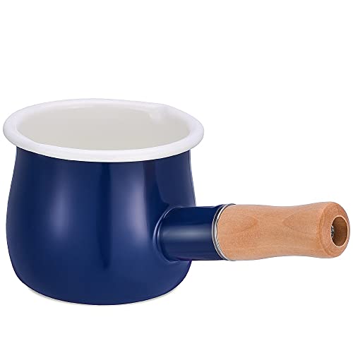 Emaillemilch Pfanne, Mini -Butter -Hitze 4 Zoll 17 Unzen Email Topf kleines Kochgeschirr mit Holzgriff, perfekte Größe, um kleinere flüssige Portionen zu erhitzen (blau) von YumCute Home