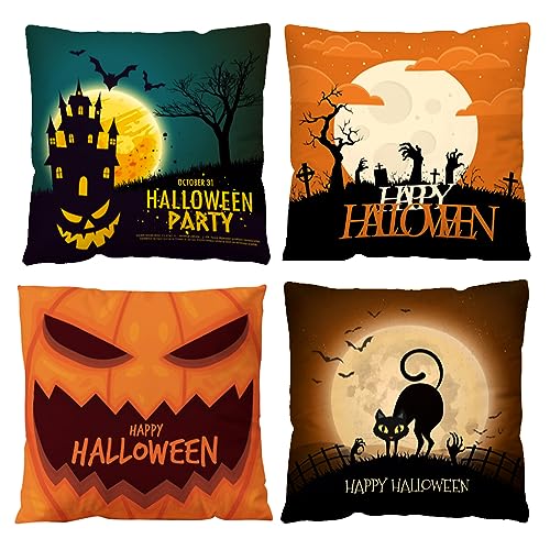 YumSur 4er Set Dekorativ Kissenhülle Baumwolle Leinen Kissenbezug Halloween Kürbis Dekokissen Sofakissen für Couch, Auto, Schlafzimmer 45x45 cm von YumSur