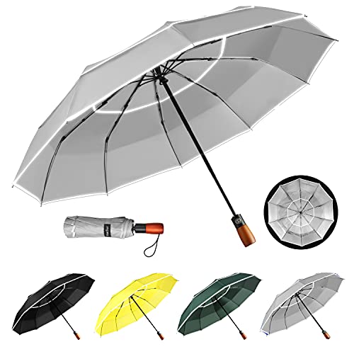 YumSur Faltbarer Regenschirm Sturmfest,10 Rippen Automatischer Schirm Umbrella Schnelltrockend,rutschfester Griff,Leichter massiver Regenschirm mit Reflexstreifen für Herren Damen von YumSur