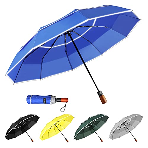 YumSur Faltbarer Regenschirm Sturmfest,10 Rippen Automatischer Schirm Umbrella Schnelltrockend,rutschfester Griff,Leichter massiver Regenschirm mit Reflexstreifen für Herren Damen von YumSur