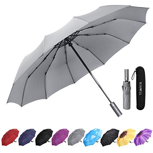 YumSur Reise-Regenschirm, faltbar, kompakt, wasserdicht, automatisches Öffnen und Schließen, leicht, 12 Rippen, verstärkt, winddicht, Regenschirm für Damen und Herren von YumSur