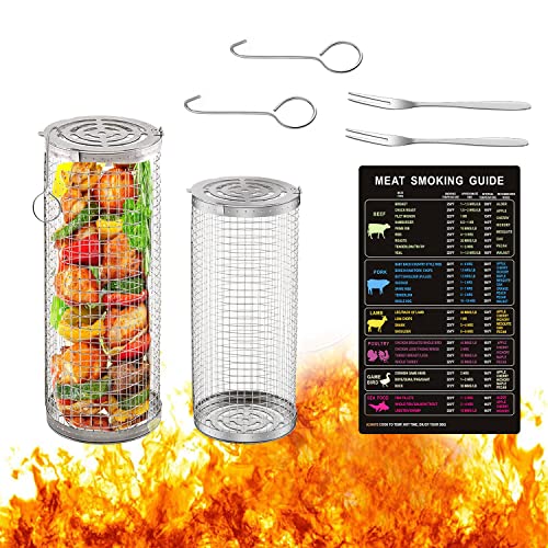 2 Stück Rolling Grillkorb mit Gabel ， Edelstahl Grillkorb Grill Korb mit Griff,Grillkorb Grill Rack für Außengrill Gemüse, BBQ Grillhalter Grill Korb für Pommes,Fisch,Garnelen,Camping Essentials von YumSur