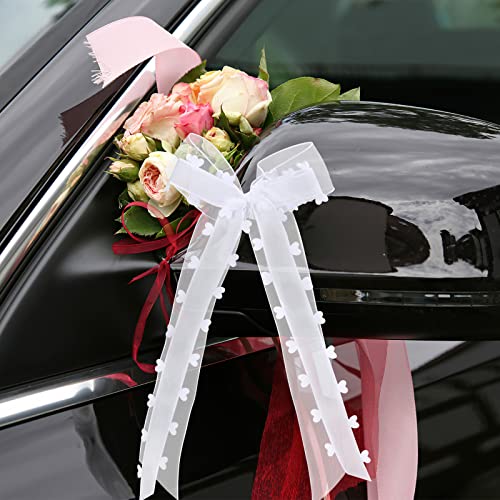 yumcute 50 Stück Schleifen Hochzeit Deko, Autoschleifen Hochzeit Weiß Mit Herzen, Auto Deko Hochzeit Antennenschleifen Hochzeit für Auto Hochzeit Deko Zimmerdeko Tischdeko, Handgemacht(25 * 11cm) von yumcute