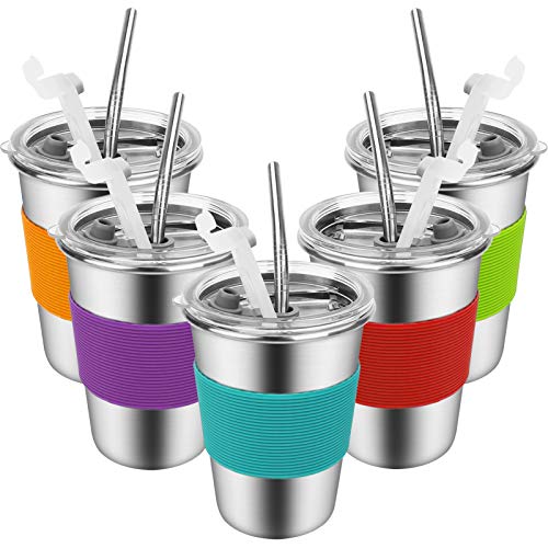 Kinder-Becher mit Strohhalmen und Deckeln, 340 ml, auslaufsicher, aus Edelstahl, mit Deckel und Strohhalmen, für Kleinkinder, Becher mit Deckel und Trinkhalmen für Kinder, 5 Stück von Yummy Sam