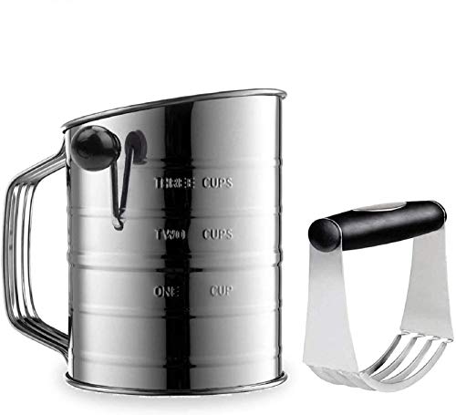 Mehlsieb 3 Tassen Edelstahl Rotary Hand Kurbel Sieb mit 16 feinmaschigen Sieb und 4 Draht Rührwerk Rotary Handkurbel Backsieb Professionelles Mehlsieb (3 Tassen mit Teigmixer) von Yummy Sam