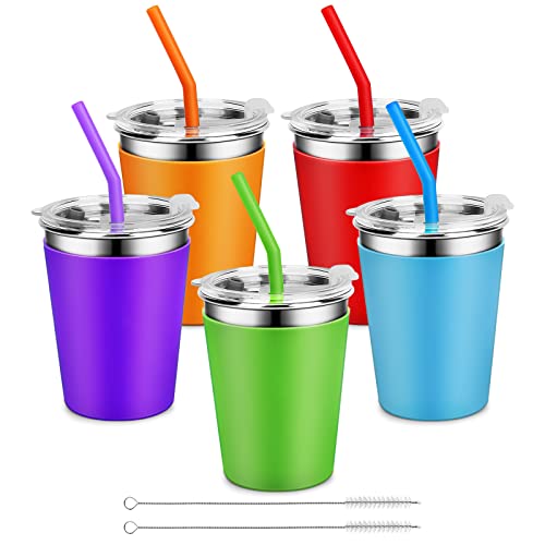 Yummy Sam 5 Stück Kinderbecher mit Silikon-Trinkhalmen und Deckel, 340 ml, Edelstahl-Wasser-Trinkflasche mit rutschfester Wärmeisolierung, volle Ärmel für Kinder, Erwachsene, Schule, Outdoor, von Yummy Sam